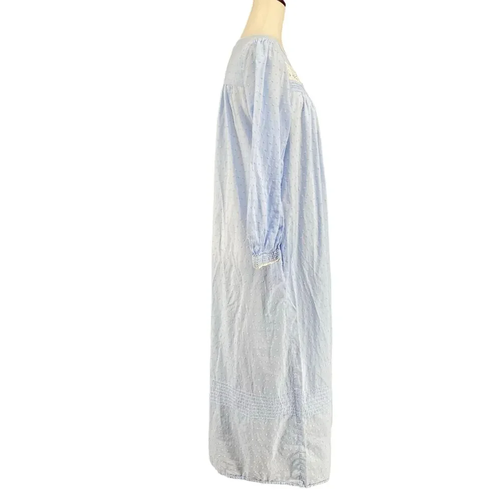 Eileen West Swiss Dot Button Down Cotton Nightgown Womens S Blue Pockets Cottage